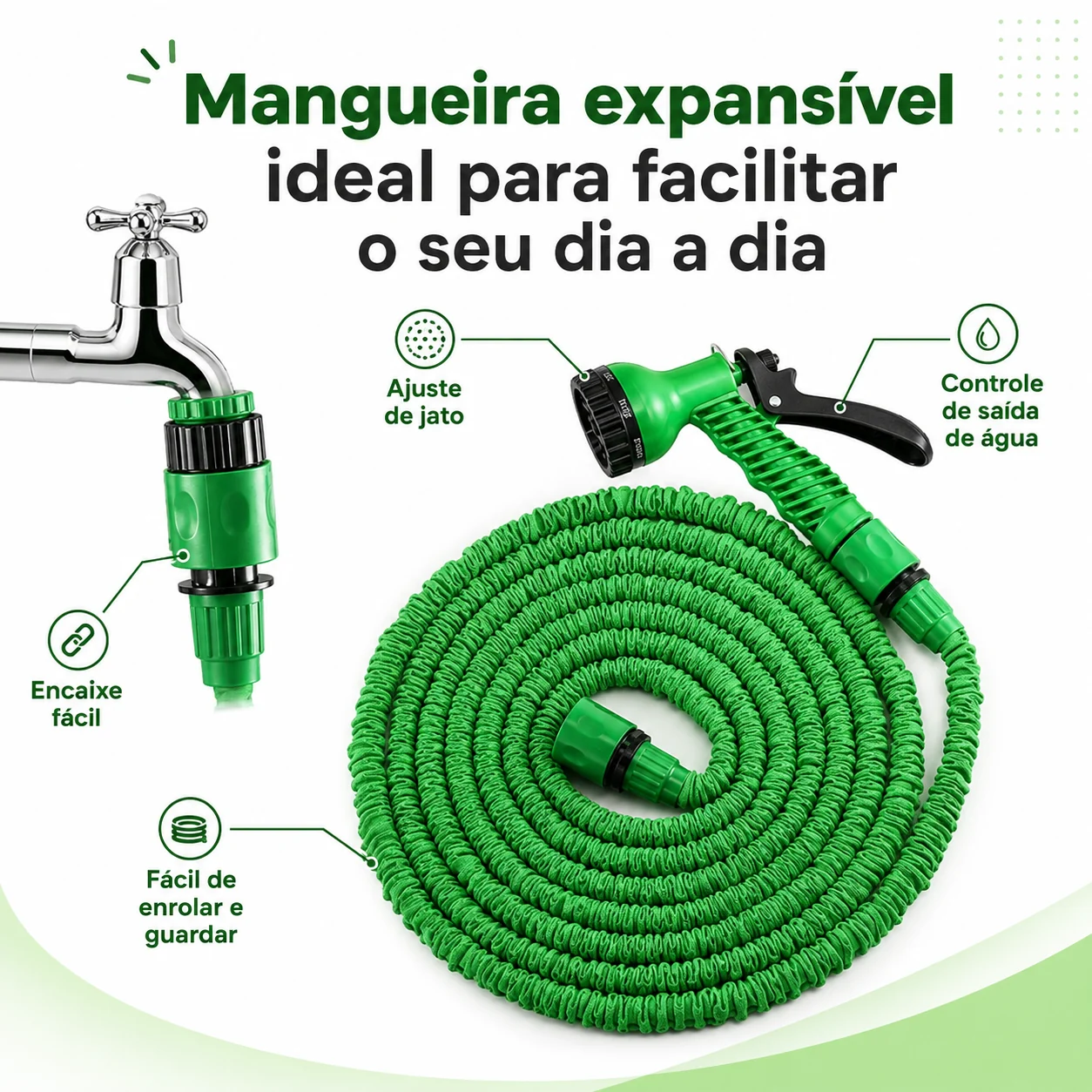 Mangueira expansível verde com pistola de vários jatos